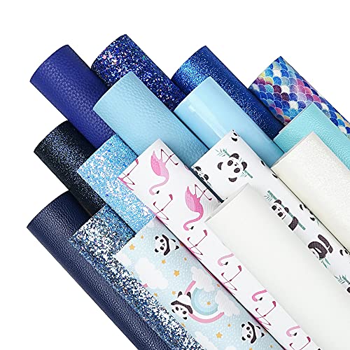 16 Piece 8x6 Inch Contrast Color White Blue Royal Blue Series Faux Leather Fabric Sheets Include Litchi Fine Chunky Glitter Patent Mermaid Scale Panda Flamingo Pattern for Leather Earring Bows Making - color: White Blue Royal Blue Series