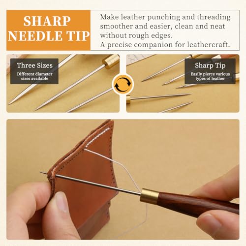 Diudus 3 Sizes Sewing Awl Tool, Leather Sewing Awl with Wooden Handle - color: 3 Pack Wood Color (Different Sizes)