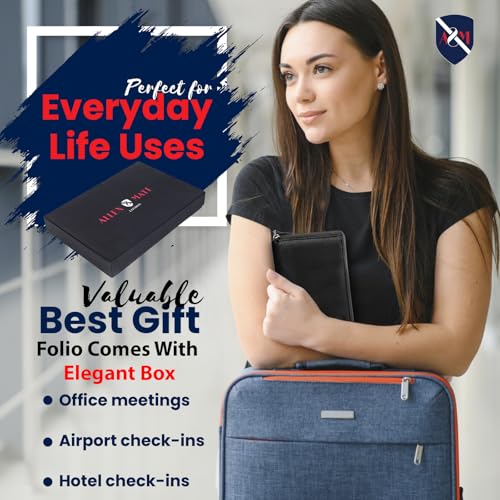 ALLEN & MATE Genuine Leather Passport Holder for Travel, RFID Blocking Travel Wallet Fits 2 Passports and 12 Cards, Zippered Document Organizer with SIM Slot and Pen Loop for Men and Women - color: Black