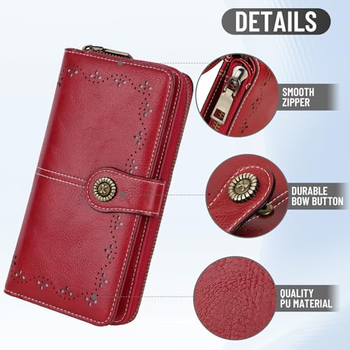 Red Wristlet Wallets for Women with with Strawberry Bag Charm | Credit Card Holder, Large Capacity, 12 Card Slots, Zipper Pocket, Ladies Clutch - color: Red - Strawberry