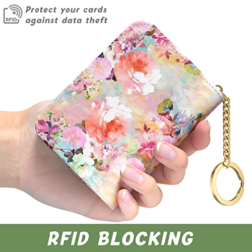Credit Card Holder for Women, Small RFID Wallet Slim Leather Card Case - color: B-Watercolor Flowers, size: Keychain