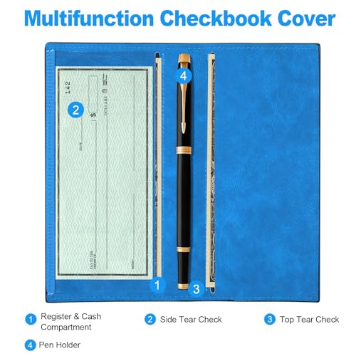 CASMONAL Checkbook Cover for Personal, Check Book Holder for Women & Men | PU Leather with Pen Holder, Transparent PVC Divider for Duplicate Checks - color: Greenery Blue