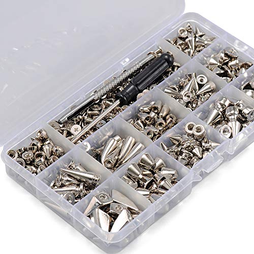 YORANYO 270 Sets Mixed Shape Spikes and Studs Silver Color Screw Back Bullet Cone Studs and Spikes Rivet Kit with Install Tools for Leather Craft Clothing Shoes Belts Bags Dog Collars DIY Rivets - color: Silver