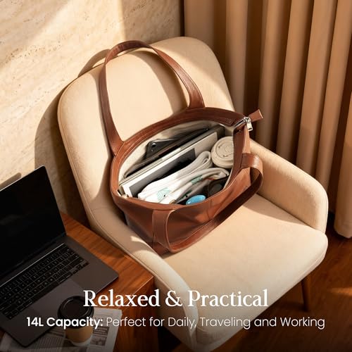 befen Soft Genuine Leather Tote Bag for Women Work with Zipper Slouchy Bags | Real Leather, Slouchy Shoulder Bag, Cup Holder, Travel Purse, Handbag for Daily & Travel, Zipper Tote Bag - color: Cognac Brown