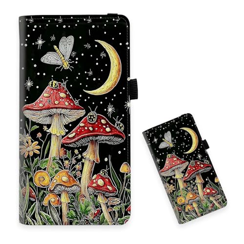 Whimsical Mushrooms Checkbook Cover for Women, Slim RFID Blocking Premium Vegan Leather with Non-Bleed Writing Shield for Duplicate Checks, Card Slots Organizer, Elegant Gift - color: Whimsical Mushrooms