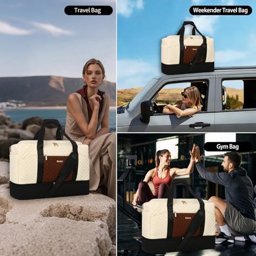 Stuery Weekender Bags for Women with Toiletry Bags: Large Overnight Bags Travel Duffel Bag Carry On Shoulder Weekend Tote with Shoe Compartment and Wet Pocket for Girls Airplane Traveling - color: A-3PCS White Brown Black
