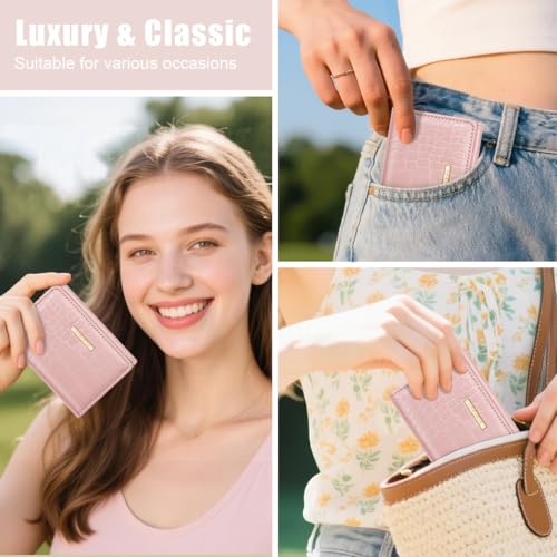 Crocodile Wallets Women Small Luxury Faux Leather Alligator Wallet | Chic RFID Blocking Womens Trifold Credit Card Holder Ladies Mini Purse, Pink Croc - color: Pink