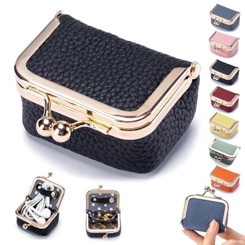 Genuine Leather Mini Jewelry Box for Women, Travel Jewelry Case & Coin Purse with Kiss Lock, Holds Earrings, Rings, Necklace, Bracelet, Ideal Gift for Her (Black) - color: Black - 2.5in