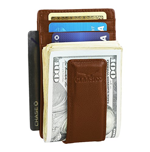 Claasico Men’s Leather Money Clip Wallet – Slim Front Pocket Wallet w/Super Strong Magnetic Clip, RFID Blocking, 5 Card Slots & Center Pocket + ID Window - color: Tan