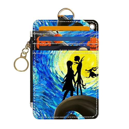 Slim Wallet Credit Card Holder, Stars and Couples, RFID Wallet Women Cute Small Front Pocket Wallet With Zipper, PU Leather Thin travel RFID Blocking Card Case ID Window,Ladies Gifts - color: Stars and Couples