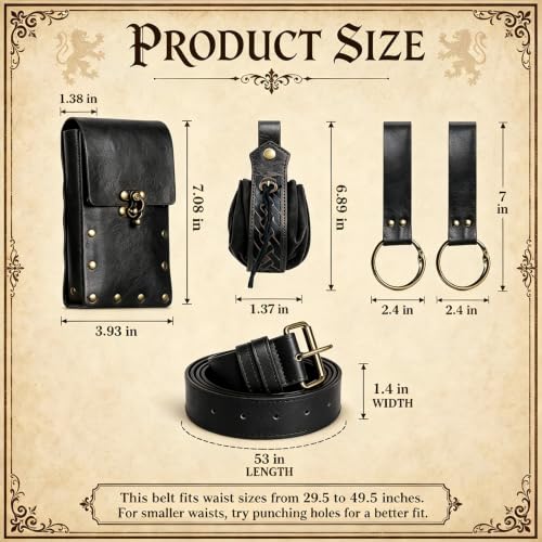 Renaissance Belt Pouch Medieval Pirate Costume Accessories, Golden Black | Viking Faux Leather, Waist Bag with Skirt Hikes, For Cosplay LARP - color: Golden Black