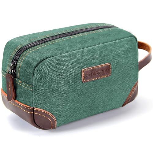 emissary Men's Toiletry Bag, Leather and Canvas Travel Toiletry Bag, Dopp Kit for Men, Travel Bathroom Bag Men's Shaving Kit, Travel Kit Small Bags for Men, Shaving Bag for Travel Accessories (Green) | Durable canvas & PU leather, water-resistant lining,