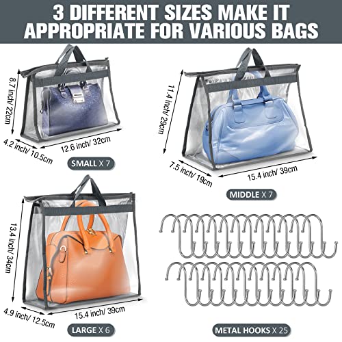 Chumia 20 Pack Dust Bags for Handbags Clear Handbag Storage Organizer, 3 Sizes Purse Storage Organizer for Closets Dust Cover Purse Protector Bag with Zipper and Handles with 25 Pcs S Hooks(Grey) - color: Grey