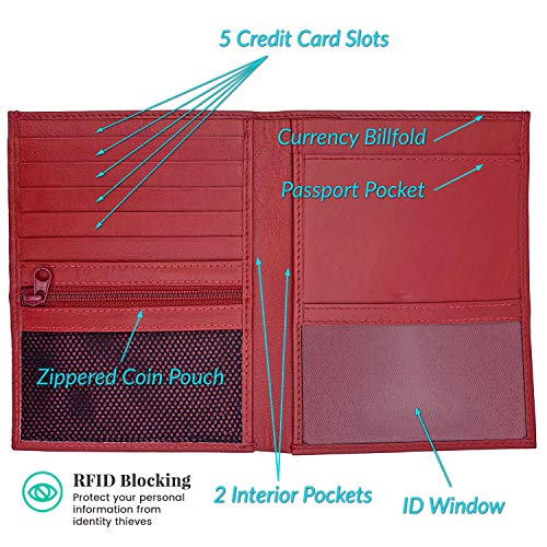 Red RFID Genuine Leather Passport Wallet - color: Red