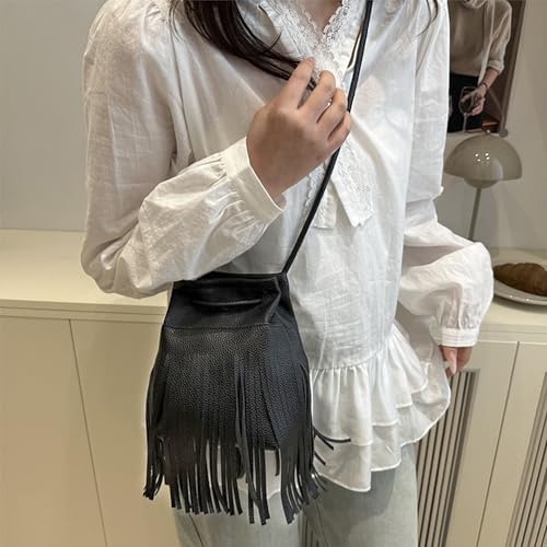 Women Mini Tassel PU Leather Crossbody Shoulder Bag Drawstring Bucket Bag | Small Fringe Cross body Bag Cell Phone Coin Purse Wallet - color: Black