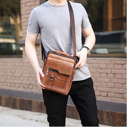 Messenger Bag for Men Crossbody Shoulder Purse Small Vintage PU Leather Satchel Pouch Side Crossover Handbag - color: Men Messenger Bag for Brown