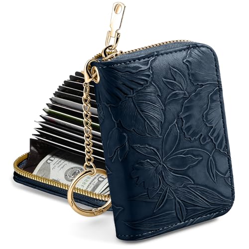 credit card holder for women，Embossed leather Rfid wallet women， KeyChain Wallet - color: navy blue