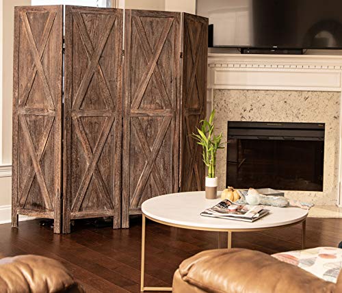 Premium Home 4-Panel Room Divider – Rustic Brown Barn Door, X Pattern Folding Privacy Screen, Partition Wall - color: Barnwood Brown - X Pattern - 4 Panel