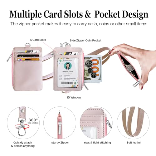 bolimoss 2-in-1 ID Badge Holder & Lanyard Wallet Women Girl Leather Vertical ID Badge Card Holder with Detachable Neck Lanyard, 1 Clear ID Window, 4 Credit Card Slots, 1 Cash Coin Slot Light Pink - color: Light Pink