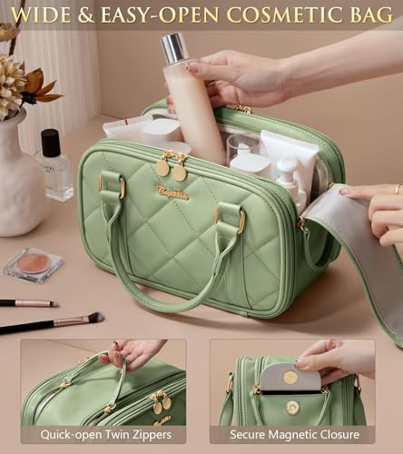 Bagstellar Travel Makeup Bag, Large Capacity Quilted Toiletry Bag for Women Stand-up Cosmetic Bag Open Flat Make Up Case Organizer Portable Pouch Purse w/Handle for Traveling Accessories, Sage Green - color: Sage Green