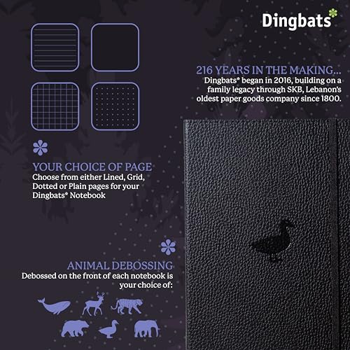 Dingbats* Wildlife Grid Journal Notebook A5 - Vegan Leather Hard Cover, Ideal for Work, Travel - Pocket, Elastic Closure, Bookmark - color: Black Duck, style: Squared