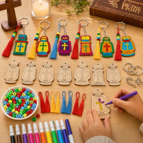 Cinrobiye 24 Set Christian Crafts Jesus Lights The Way Keychain Craft Kit Bulk DIY Bible Verse Wooden Paint Keychains with Color Pens VBS Gift for Sunday School Church Activitiy Religious Party Decors - style: Light