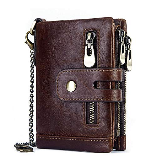 boshiho Genuine Leather Bifold Chain Wallet for Men RFID Blocking - color: Brown