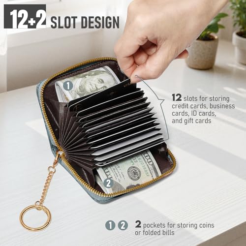 credit card holder for women，Embossed leather Rfid wallet women， KeyChain Wallet - color: Blue