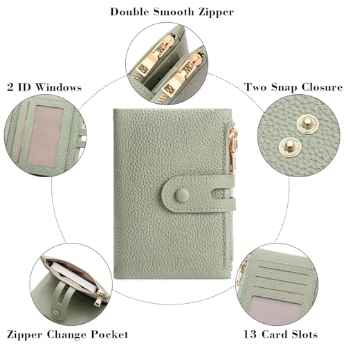 FALAN MULE Small Wallet for Women Leather RFID Blocking Wristlet Bifold Card Holder with Double Zipper Pockets - color: R-Light green
