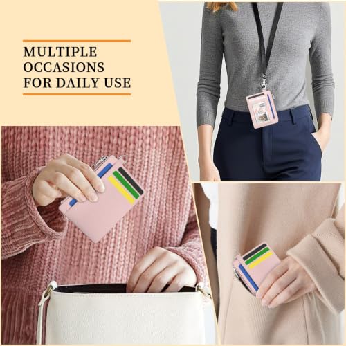 Hancynir Minimalist Slim Wallet Women Credit Card Holder, RFID Small Cute | Zipper Pocket Wallet, Thin Travel Coin Purse, Ladies Women Gifts, Key Chain Card Case, 6 Card Slots, ID Window, PU Leather - color: 01-Lichee PNK