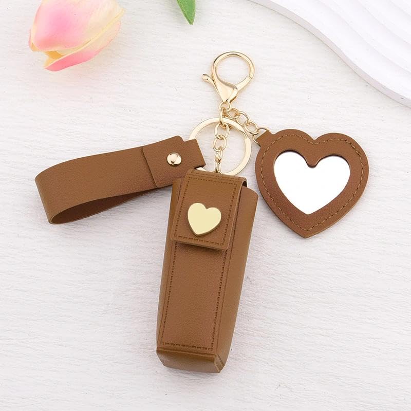 Sisadodo Lip Oil Lipstick Case with Mirror Lip Oil Lipstick Holder Key Chain for Car Keys Keychains Lipstick Organizer Case - color: Brown-