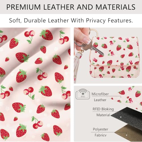Keychain Wallet for Women,RFID Wristlet Wallet with Beaded Strap | Tri-Fold Design,6 Card Slots,ID Window,Zipper Coin Pocket,Lightweight Carry - color: Strawberry