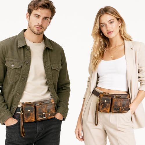 Water Resistant Canvas + Leather Hiking Riding Travel Fanny Waist Pack Small Phone Pouch For Men Women FB811-29 (Z-8135-100% Leather) - color: Z-8135-100% Leather