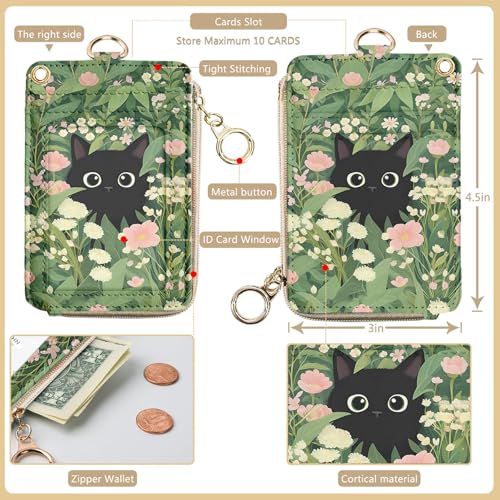 bolimoss Black Cat Lanyard Wallet with Id Badge Holder, Cute Flower Zippered Coin Pouch Credit Card Holder, Women Small Wallet with Removable Wristlet & Neck Lanyard, 5 Card Slots, Ring Keychain - color: Cute Black Cat Floral