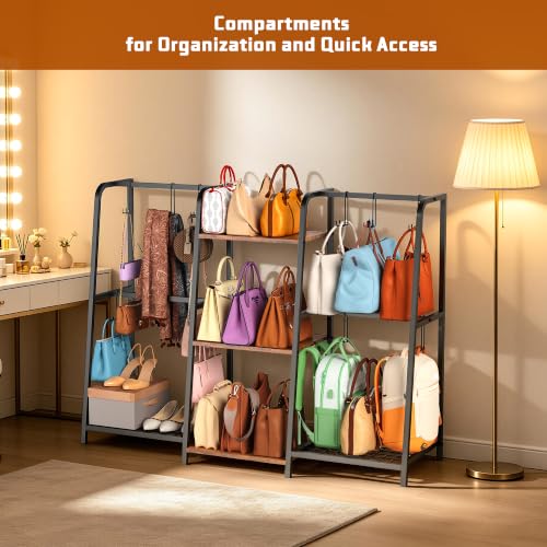 3-Tier Purse Organizer, Heavy-Duty Wood and Metal Bag Storage Rack with 10 Side Hooks for Large Totes & Long Shoulder Bags, Anti-Wobble Free-Standing Handbag Display Stand