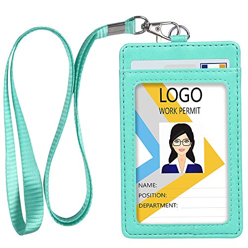 Teskyer Leather ID Badge Holder with Lanyard, Vertical Cyan | Durable Nylon Lanyard, Rear Card Pocket, Scan Without Removing Card, Built to Last, Work & Cruise Ready - color: Green, size: Vertical