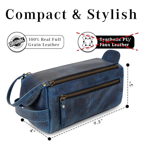Premium Handmade Leather Toiletry Bags for Men and Women, Genuine Leather Dopp Kit and Shaving Bag for Men, Travel Cosmetic Bag for Women's and Men's, Zipper Pocket, Navy - color: Navy Blue (Large)