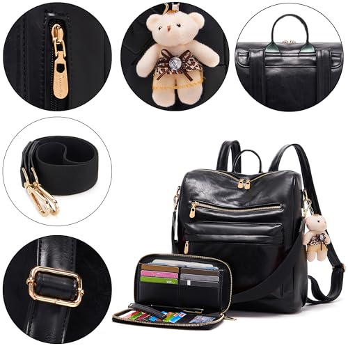 Soperwillton Women Backpack Purse Shoulder Handbags Travel Bag Set 2pcs | Soft PU Leather,Large Capacity,Many Pockets,with a Functional Wallet,with a Detachable Shoulder Strap,Multipurpose Design - color: Black