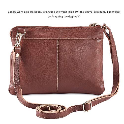 Small Leather Crossbody Bag for Women Adjustable Sling Purse Multi Pocket | Genuine Top Grain Leather, 4 Zip Pockets, Cross Over for Travel, Gift for Women, Phone Pocket - color: Tan Nappa