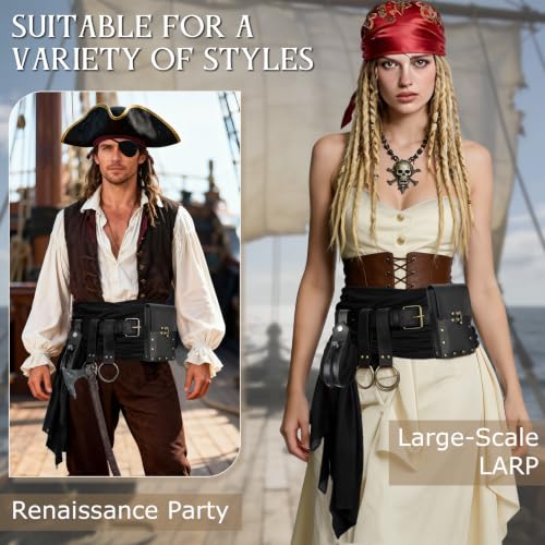 Renaissance Belt Pouch Medieval Pirate Costume Accessories Set for Cosplay | Viking Faux Leather Waist Bag, Skirt Hike Clips, Perfect for Women and Men Ren Faire, LARP, Fantasy, Halloween - color: Black-N