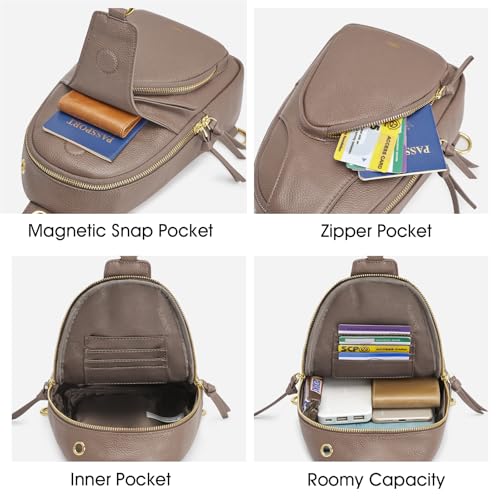 Kattee Sling Bag for Women, Leather Crossbody Bags for Travel, Khaki | Top grain pebbled cowhide leather fanny pack crossbody purse. Small chest bag with RFID blocking for travel. - color: Khaki
