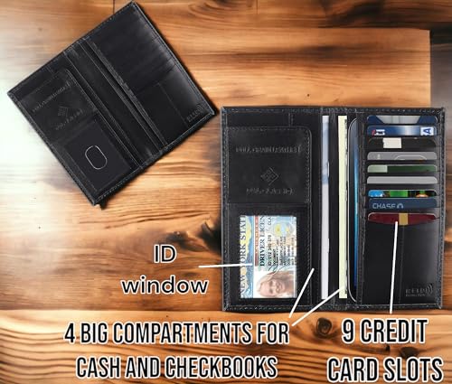 F&L CLASSIC Men's RFID Vintage Look Genuine Leather Long Bifold Wallet Checkbook Wallets,black skull,240-50 - color: black with Skull Embossed