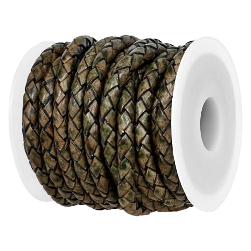 GENIQUE Real/Genuine Round Braided Leather Cord String Rope Folded, Leather Rope for Crafts, Jewelry Making, Necklace, Bracelets (Green Distressed, 5mm) - color: Green Distressed, size: 5mm