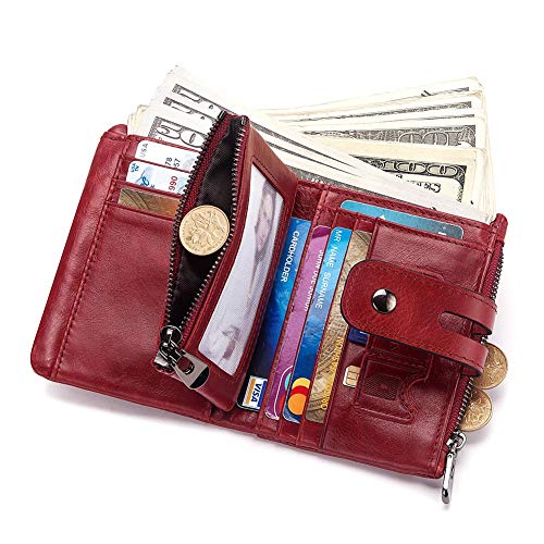 boshiho Genuine Leather Bifold Chain Wallet for Men RFID Blocking - color: Red-2