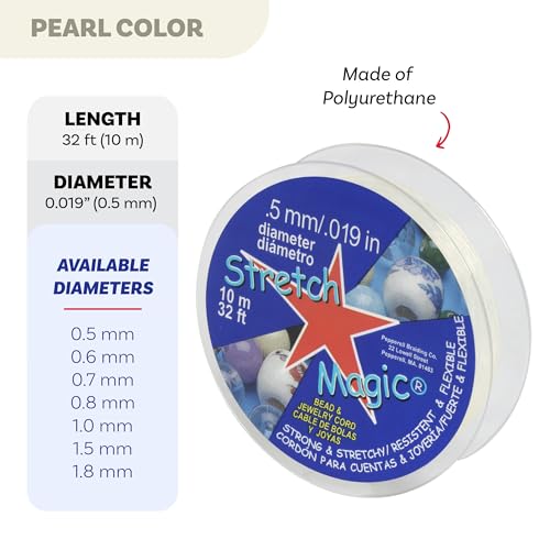 Stretch Magic Elastic Beading Cord – Pearl Color, 0.5mm in Diameter, 10-Meter (32 ft) - Easy to Knot, Strong & Stretchy String for Making Beaded Jewelry - size: 0.5 mm, style: Pearl - 10 Meter