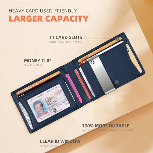 RUNBOX Slim Wallet for Men - RFID Blocking Leather Bifold with Money Clip | Minimalist Front Pocket Wallet Holds 11 Cards,Slim Thin Design,RFID Blocking Protection, Practical Birthday Gifts for Men - color: Natural texture-Tibetan Blue