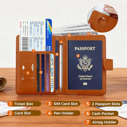 Melsbrinna Premium Leather Passport Holder Covers Case, Waterproof Rfid Blocking Travel Wallet Passport Holder with Pen Holder, Cute Passport Book for Women/Men - color: AIR-BROWN