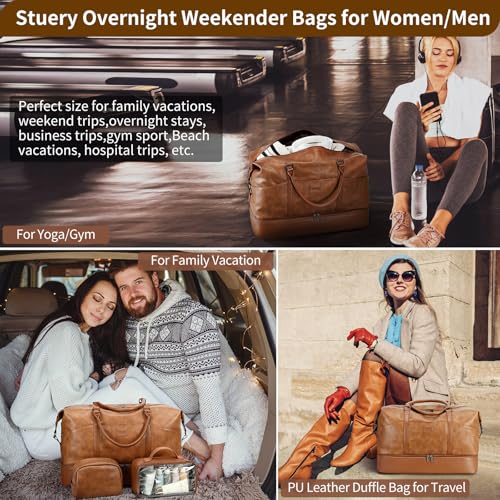 Faux Leather Weekender Bags for Women: Large Overnight Bags Travel Duffel Bag Carry On Shoulder Weekend Tote with Shoe & Laptop Compartment & Toiletry Bags for Airplane Traveling Gym, Brown - color: PU-Brown