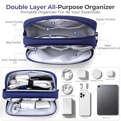Skycase Travel Cable Organizer - Lightweight Water Resistant Dual-Layer Tech Pouch with Wrist Strap 9 Compartments Electronic Organizer Travel Case for Charger Cord Hard Drive,Large,Blue - color: Blue, size: L