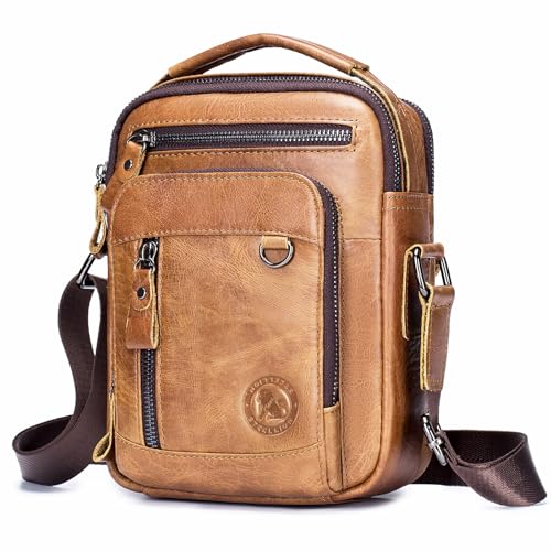 Leather Crossbody Bag for Men with Double Compartments | Genuine cowhide,two roomy sections,adjustable strap,zip closure,ideal for work,commuting,travel and gifts - color: Brown-1